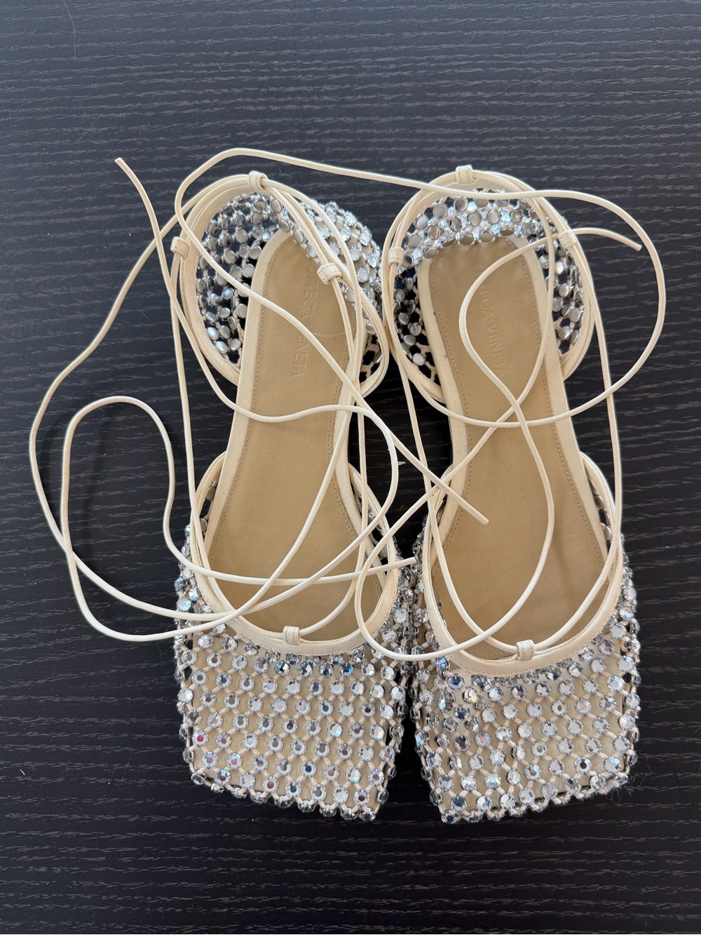 Bottega Veneta crystal mesh lace up flats; never worn outside of trying on